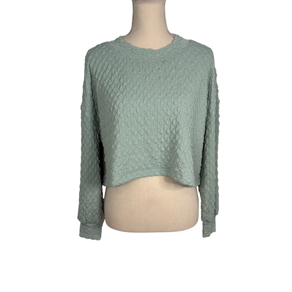 Aleeza Paris XL Crop Top Jiffy‎ Pop Loose Tiffany Blue Textured Long Sleeve